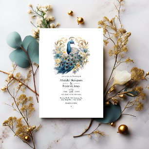 Grau, Pfauenblau und Gold Florales Winterhochzeit Einladung