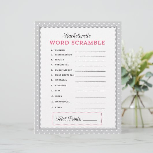 Grau & Pink Bachelorette Word Scramble Game (Stehend Vorderseite)