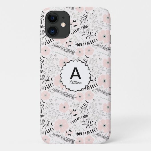 Grau-Pink-Blume Monogramm Case-Mate iPhone Hülle (Rückseite)