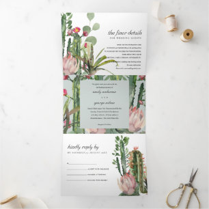 GRAU PINK FLORAL CACTI FOLIAGE WATERCOLOR WEDD DREIFACH GEFALTETE EINLADUNG
