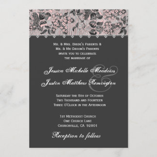 Grau Pink Schwarz Vintage Damast Hochzeitsvorlage Einladung