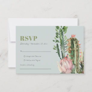 GRAU ROSA BLÜTEN CACTI BLATTWERK WATERCOLOR RSVP KARTE