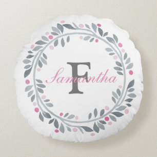 Grau Rosa Florales Doppelmonogramm Elegant Rundes Kissen