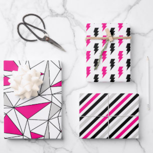 Grau Rosa Geometrie Blitz Streifen Geschenkpapier Set