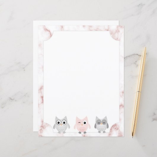 Grau & Rosa Owls Rose Gold Marmor Border Paper (Vorderseite/Rückseite Beispiel)