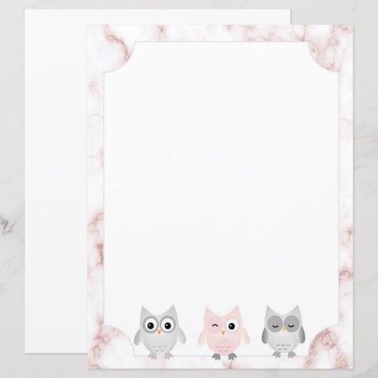 Grau & Rosa Owls Rose Gold Marmor Border Paper (Vorne/Hinten)
