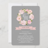 Grau | Rosa-Pink-Wreath-Engagement-Partei Einladung (Vorderseite)