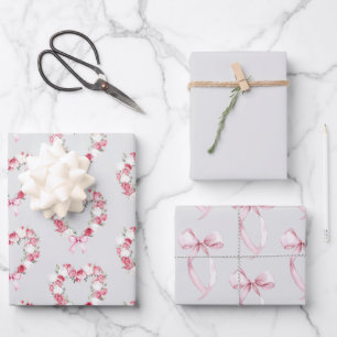 Grau Rosa Rosé Florales Herz Brautparty   Geschenkpapier Set