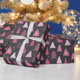 Grau & Rosa Weihnachtsbaum-Muster Geschenkpapier
