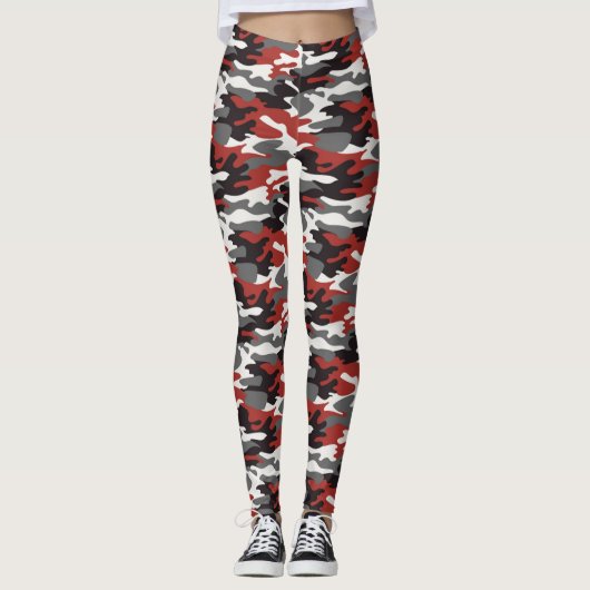 Grau, Rot, Schwarz & Weiß Camouflage Leggings (Vorderseite)