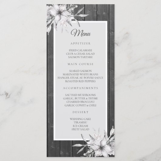Grau rustikal. Blumenholzstall Menükarte (Vorderseite)