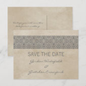 Grau rustikale Spitze Save the Date Postkarte (Vorne/Hinten)