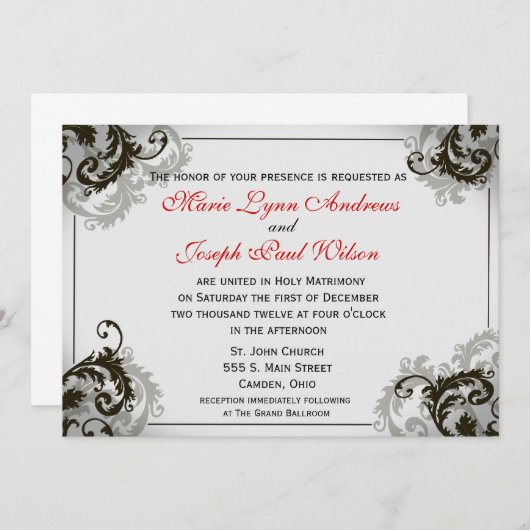 Grau, schwarz und Weiß blühen Sie Einladung (Vorne/Hinten)