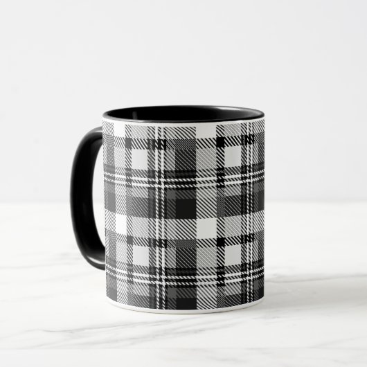 Grau Schwarz Weiß Madras Karo Design Tasse (Vorderseite Links)