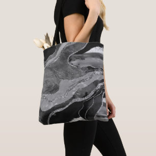 Grau Schwarz-weiß Marble Agate Silver Glitzer Gla Tasche