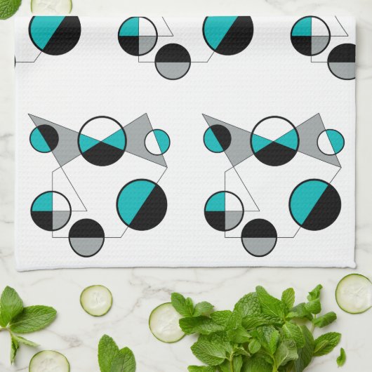 Grau, Schwarz, Weiß, Türkis Geometrisches Mod Retr Geschirrtuch (Gefaltet)