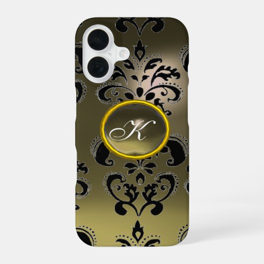 GRAU SCHWARZER DAMAST-EDELSTEIN-MONOGRAMM Floral iPhone 16 Hülle (Rückseite)