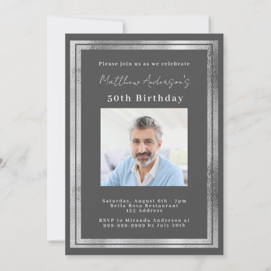 Grau-Silber-Foto-Geburtstag Einladung (Vorderseite)