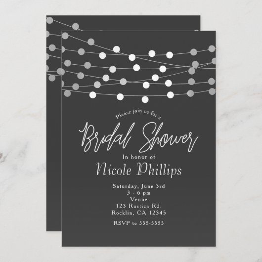Grau Silver String Lights Modernes Brautparty Einladung (Vorne/Hinten)