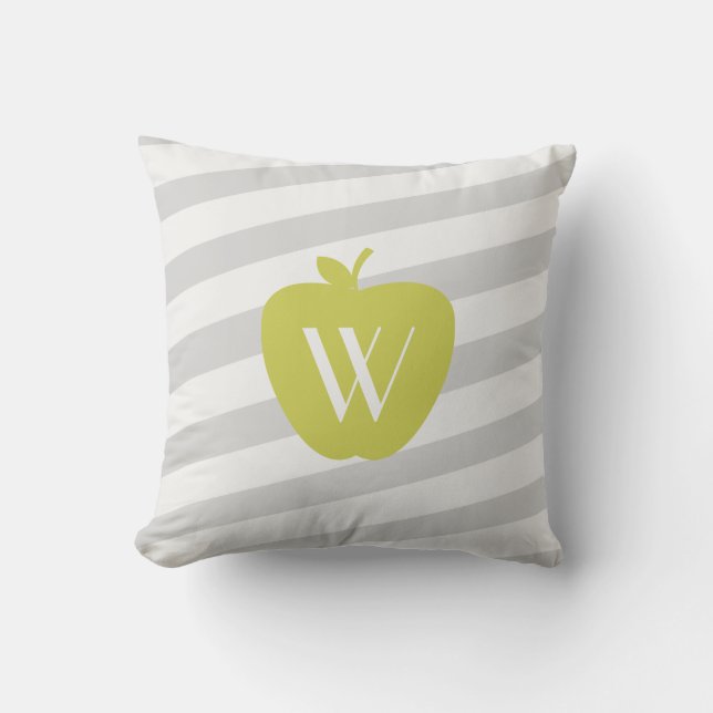 Grau Stripes gelbes Apple-Monogramm-Lehrer-Kissen Kissen (Vorderseite)