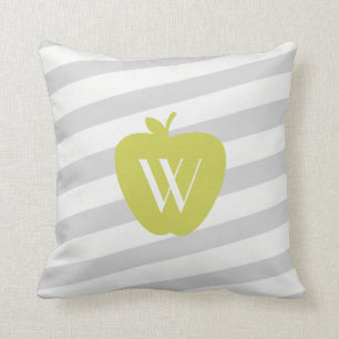 Grau Stripes gelbes Apple-Monogramm-Lehrer-Kissen Kissen