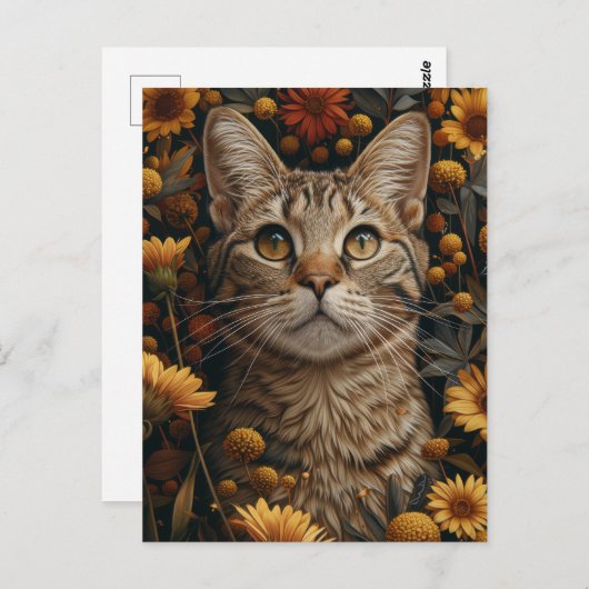 Grau Tabby Katze im Herbst Blume Garten Postkarte (Vorne/Hinten)