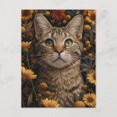 Grau Tabby Katze im Herbst Blume Garten Postkarte (Vorderseite)
