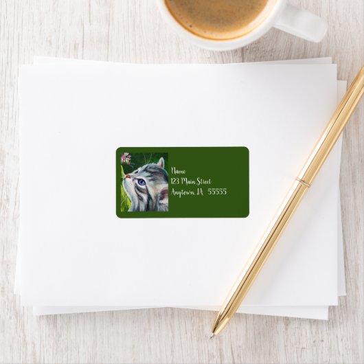 Grau Tabby Kitten & Raupe Adressaufkleber (Insitu)