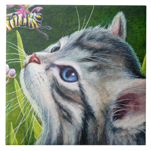 Grau Tabby Kitten & Raupe Fliese (Vorderseite)