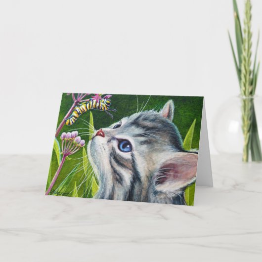 Grau Tabby Kitten & Raupe Watercolor Karte (Vorderseite)