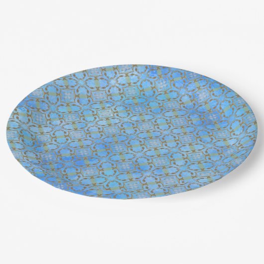 Grau, Taupe, Blau, grüner Skelettverschluss Pappteller (Schrägansicht)