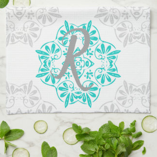 Grau-Türkis-Modernes Kaleidoskop Damask Muster Geschirrtuch