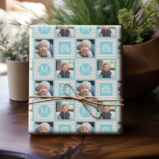 Grau und Aqua Blue Chevrons - Foto und Monogramm Geschenkpapier