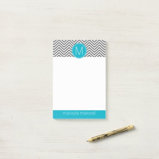 Grau und Aqua Chevrons mit Single Monogram Post-it Klebezettel (Auf Schreibtisch)