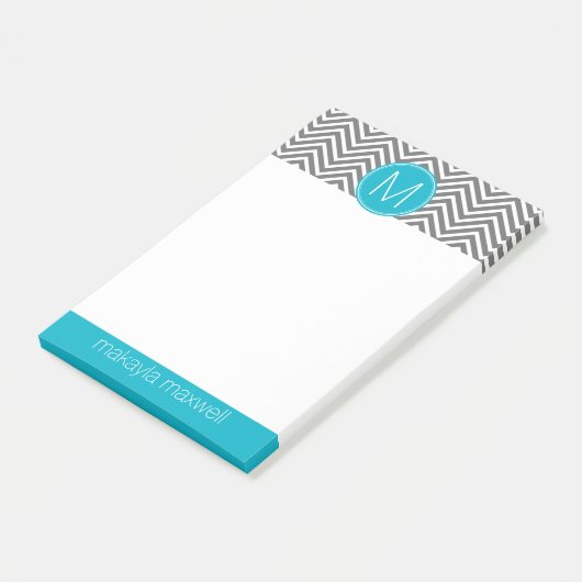 Grau und Aqua Chevrons mit Single Monogram Post-it Klebezettel (angewinkelt)