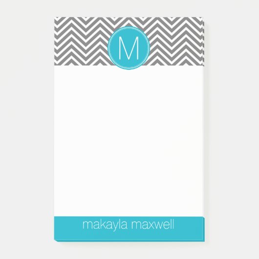 Grau und Aqua Chevrons mit Single Monogram Post-it Klebezettel (Vorderseite)