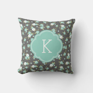 Grau und Aqua Chic Vintage Blumenprint Monogramm Kissen