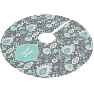 Grau und Aqua Ikat Monogram Polyester Weihnachtsbaumdecke