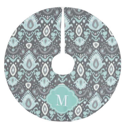 Grau und Aqua Ikat Monogram Polyester Weihnachtsbaumdecke (Vorderseite)