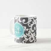 Grau und Aqua Mit Monogramm Damask Print Kaffeetasse (Vorderseite Links)