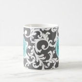 Grau und Aqua Mit Monogramm Damask Print Kaffeetasse (Mittel)