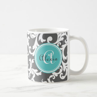 Grau und Aqua Mit Monogramm Damask Print Kaffeetasse