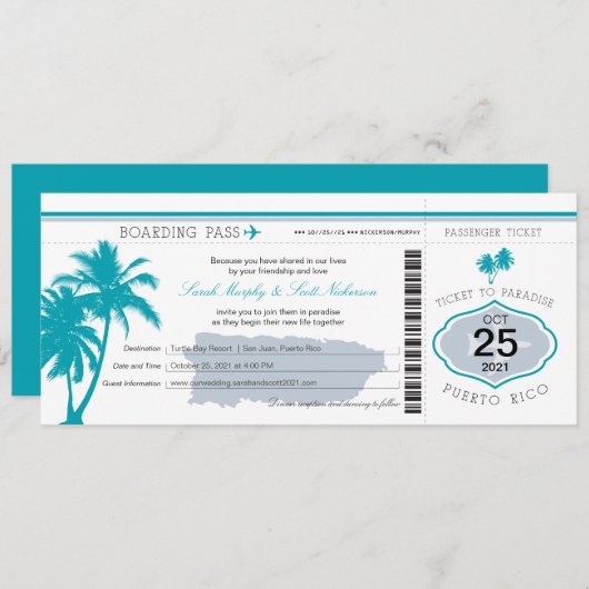 Grau und Aquamarin Puerto Rico Boarding Pass Weddi Einladung (Vorne/Hinten)