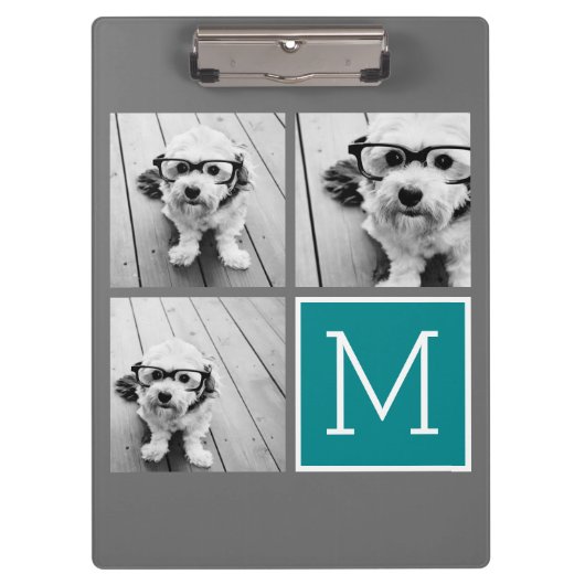 Grau und Aquamarine Instagram-FotoCollage Monogram Klemmbrett (Vorderseite)