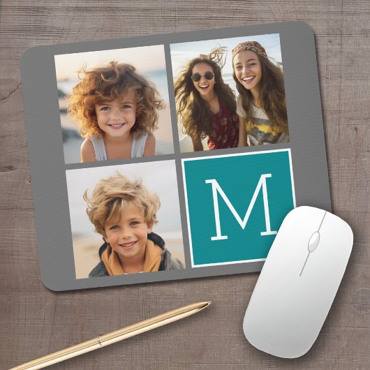 Grau und Aquamarine Instagram-FotoCollage Monogram Mousepad