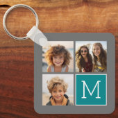Grau und Aquamarine Instagram-FotoCollage Monogram Schlüsselanhänger (Vorderseite)