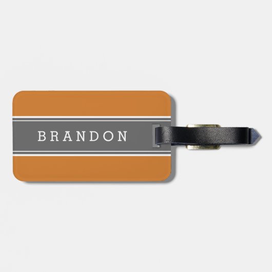 Grau und Burnt Orange Rugby Stripe Custom Monogram Gepäckanhänger (Rückseite horizontal)