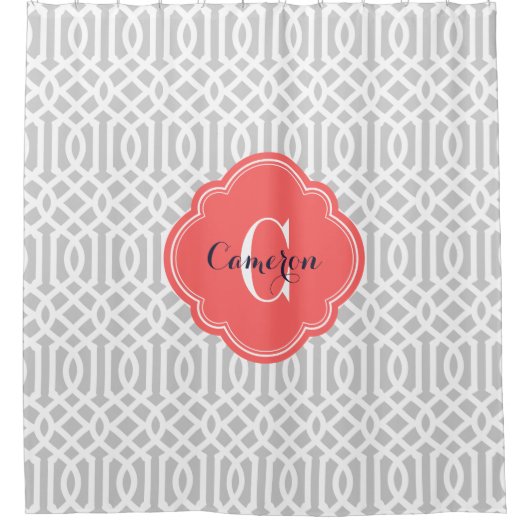 Grau und Coral Trellis Monogram Duschvorhang (Vorderseite)