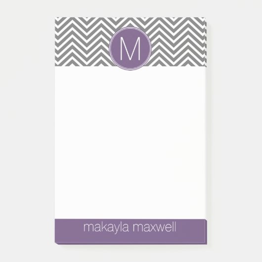 Grau und Eggplant Chevrons mit Custom Monogram Post-it Klebezettel (Vorderseite)