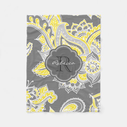 Grau und Gelb Boho Paisley Mit Monogramm Fleecedecke (Vorderseite)